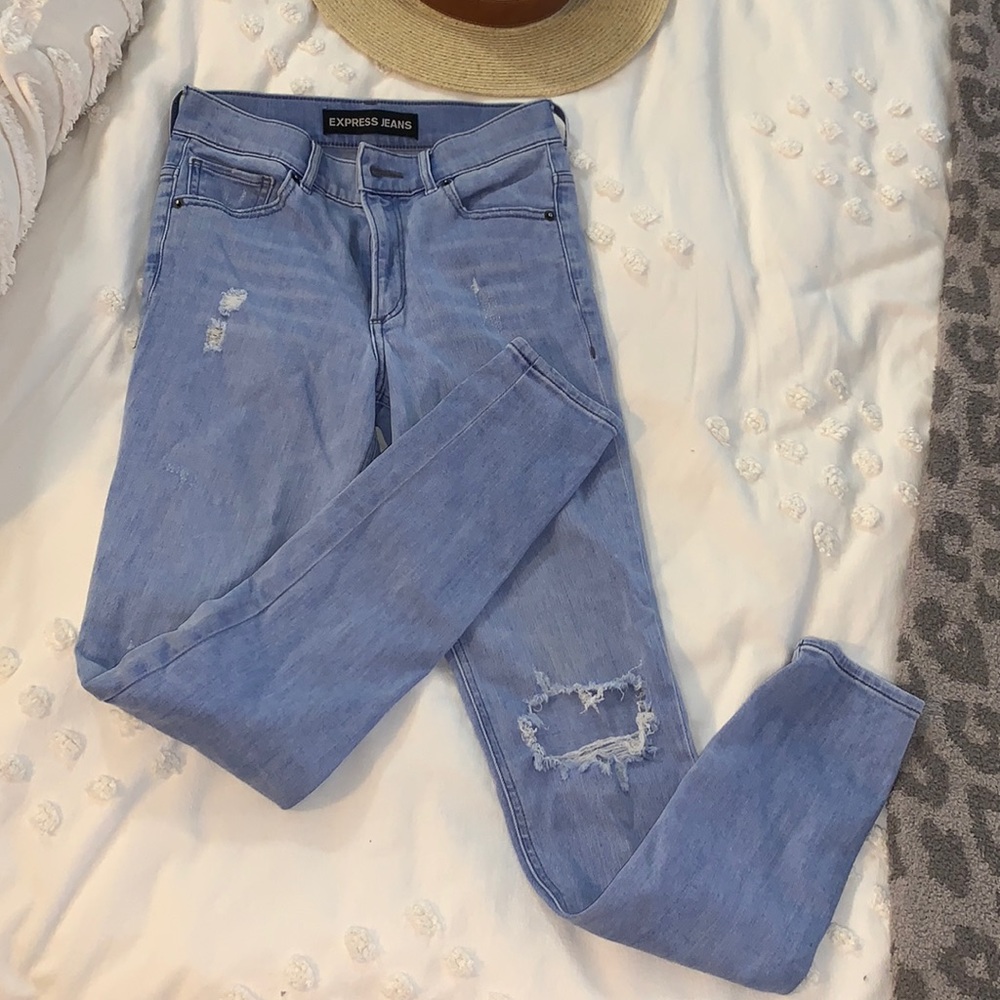 Express light-wash distressed high rise jeans